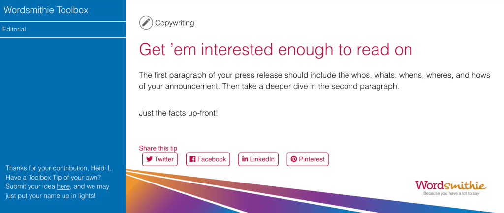 Toolbox Copywriting and Press Release Tip