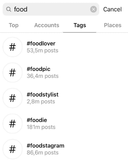 Instagram screenshot showing the keyword "food" in the search bar and the hashtag results.