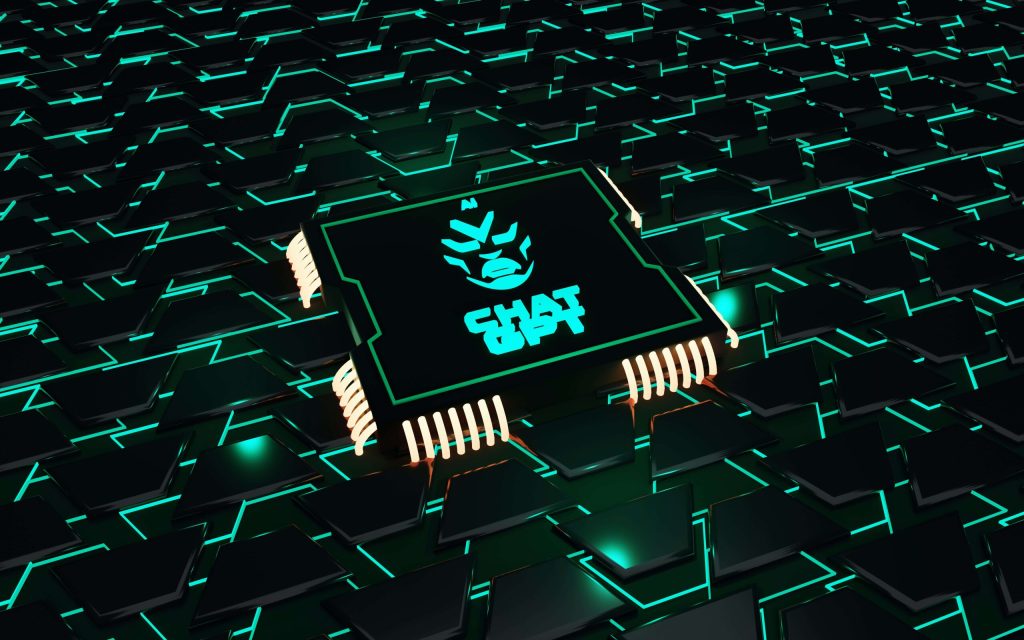 A digital rendering of numerous interconnected microchips forming a vast network, with a prominent chip in the center featuring the ChatGPT logo in neon teal against a black background.