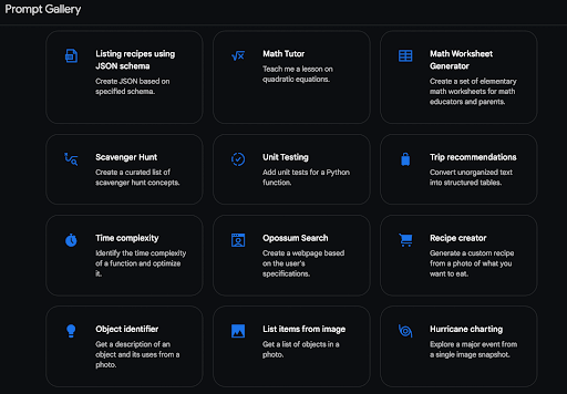 A screenshot taken from Google AI Studio Prompt Gallery to illustrate what users can do with prompt libraries.