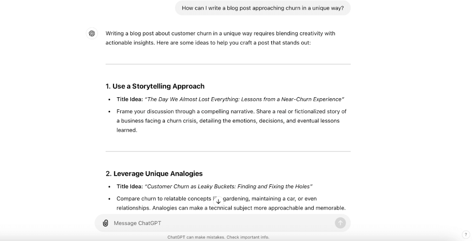 A screenshot from Chat GPT. The user has asked the AI "How can I write a blog post approaching churn in a unique way?".