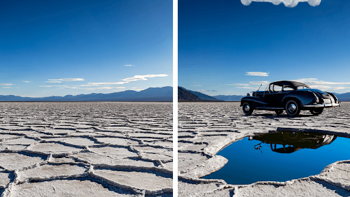 Two images side-by-side. On the left shows a flat salt pan, similar to Uyuni Salt Flat in Bolivia. On the right, is a similar salt flat with a vintage car and a lark with the car reflection.