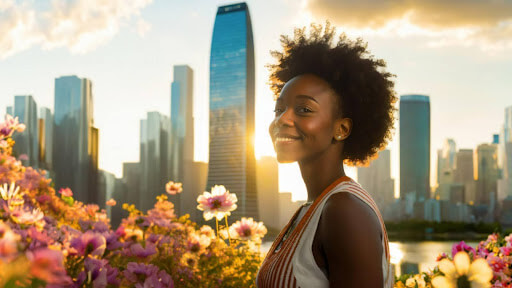 A young African-American woman, in a striped sleeveless shirt, standing in a wildflower field with a city skyline and sunset behind her.