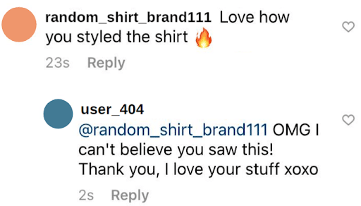 Instagram screenshot showing a business replying to a follower's comment positively.