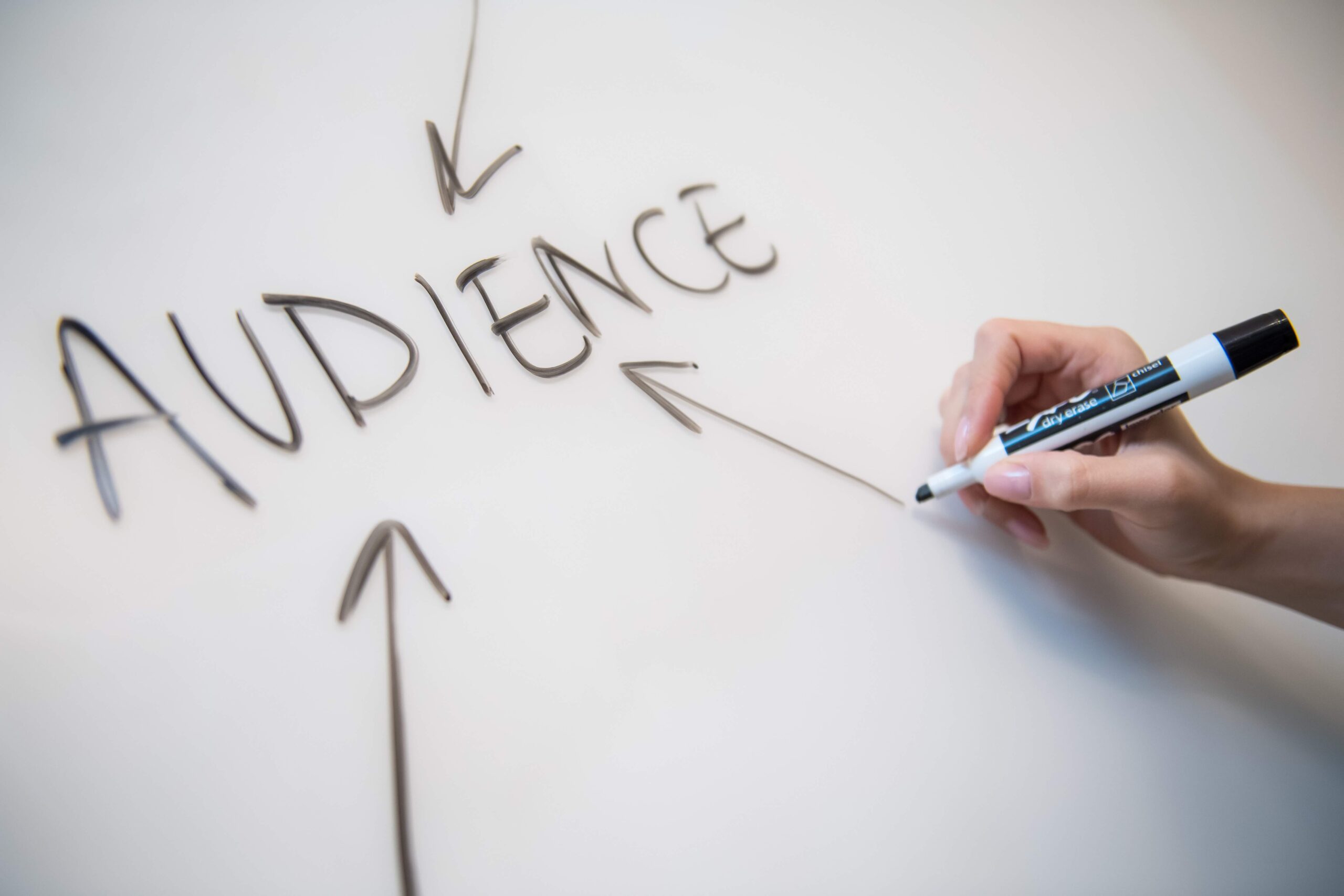 A white board with the word "audience" written in the middle and arrows pointing towards it.